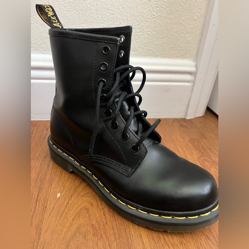 Dr. Martens Black Leather Boots with Yellow Accents